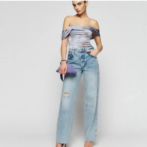 NWT Reformation Lux silk top Off the Shoulder silk corset top blue floral - Picture 2 of 13